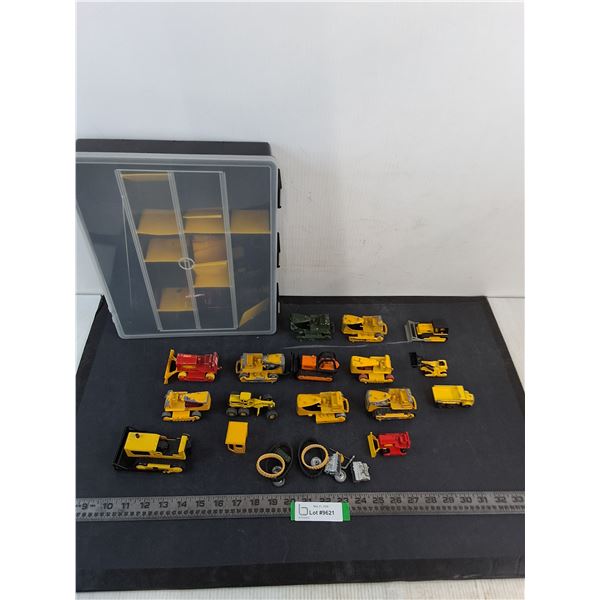 Assorted Diecast & Folded Metal Earth Mover Replica Toys & Parts w/Storage Tote