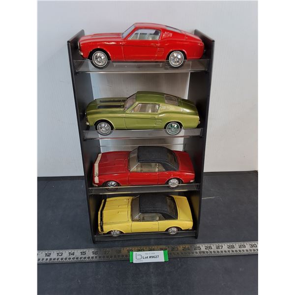 (4) Buddy L Folded Metal Replica Cars (2-Mustangs & 2-Camaros), w/4-Tier Display Stand
