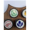 Image 2 : (22) NHL Team Logo Pucks from 1980's Mounted on Wooden Display Board - Pickup Preferred