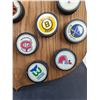 Image 3 : (22) NHL Team Logo Pucks from 1980's Mounted on Wooden Display Board - Pickup Preferred