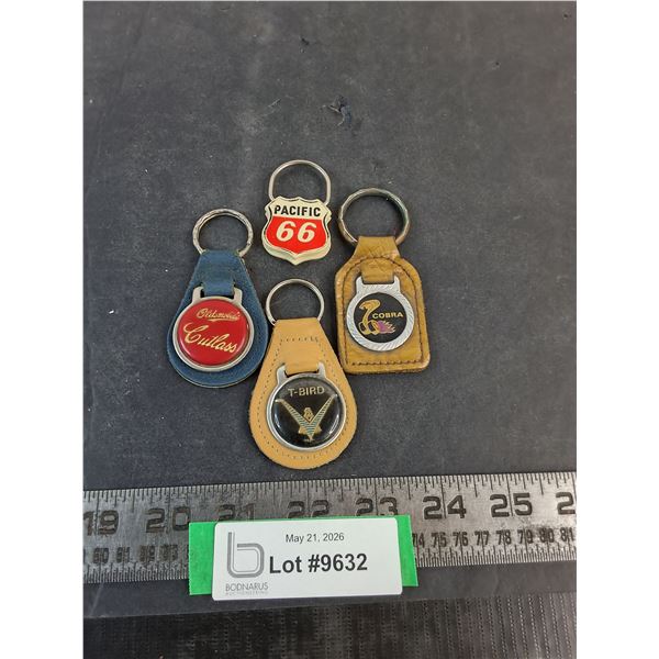(4) Vintage Mostly Leather Keychains (Olds Cutlass, T-Bird, Cobra, Pacific 66)