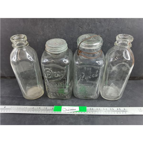 (2) Mason Jars & (2) Glass Milk Bottles