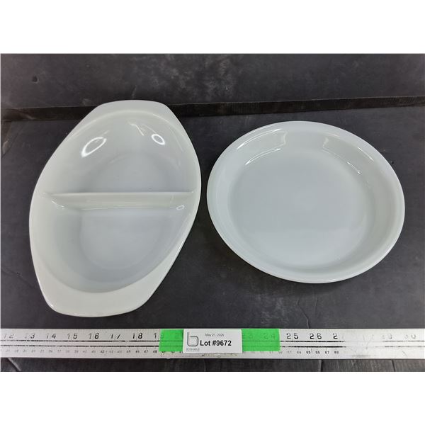 (2) PYREX Milk Glass Pie Dish & Divided Serving Dish