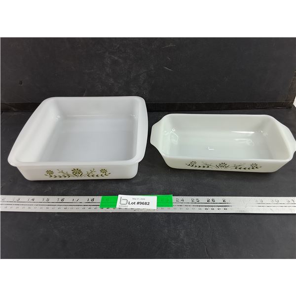 (2) Vintage Glasbake Green Daisy Milk Glass Dishes