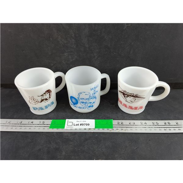 (3)  Milk Glass Mugs-Mama, Papa, Wall & Den