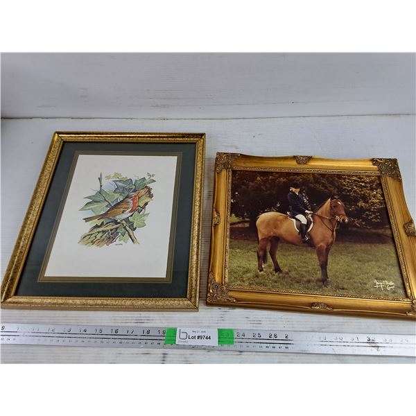 Framed Bird Picture 15" x 13", Framed Dressage Picture 14" x 12"