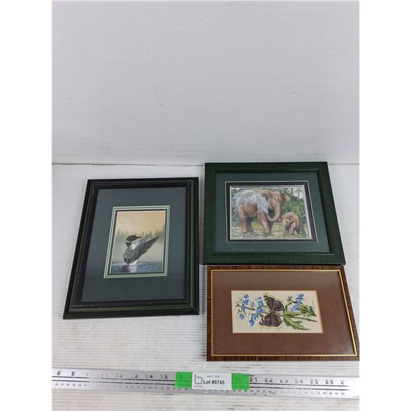 (3) Framed Wall Art Pictures - Loon, Elephant, Butterfly - 11" x 6", 11" x 9", 11" x 10"