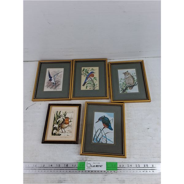 (4) Genning Loom Woven Framed Bird Pictures 7" x 6" & Framed Bird Print