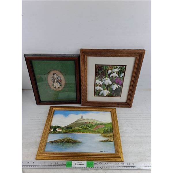 Framed Embroidery Art, Framed Floral Print & Framed Painting 16" x 12"