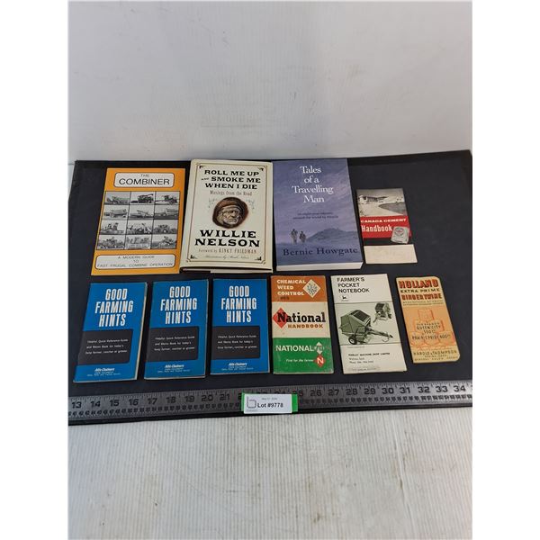 (2) Books (Willie Nelson Biography, World Bicycle Tour - Autographed), Assorted Farming Booklets