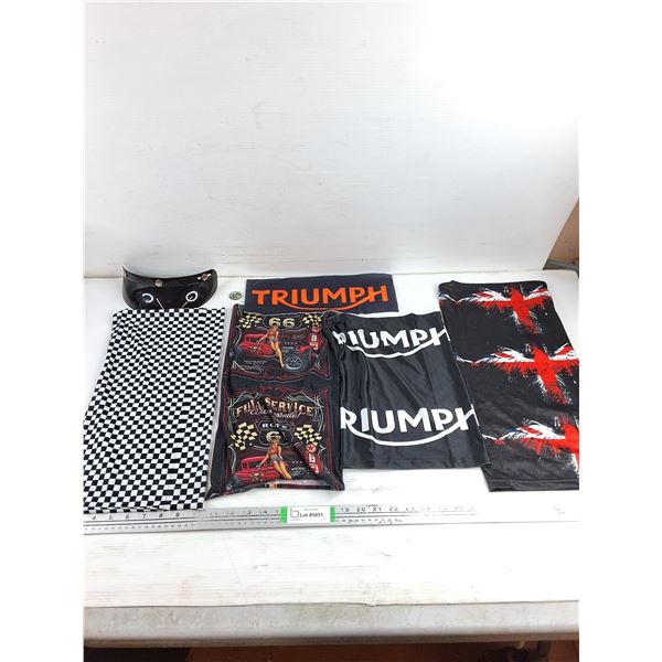 (4) Assorted Motorcycle Neck Tubes,Triumph Banner,Visor,Pin