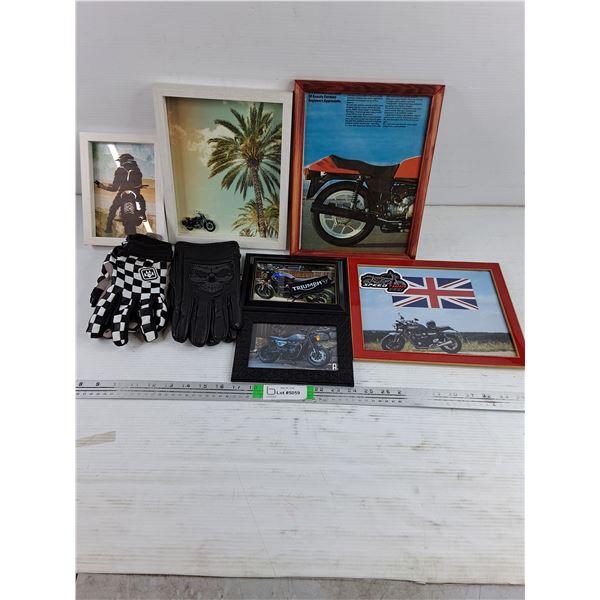 (6) Triumph Motorcycle Pictures and (2) Pairs of Motorcycle Riding Gloves