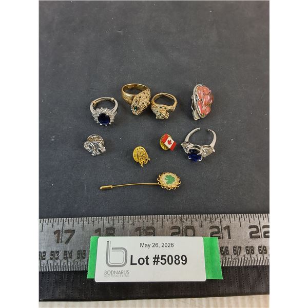 (9) Assorted Costume Jewelry Rings & Pins