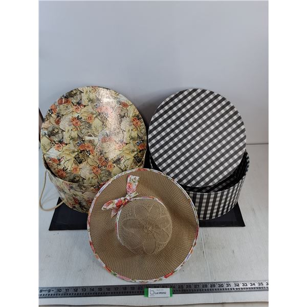 (2) Vintage Hat Boxes & Sun Hat - Approx Large Size