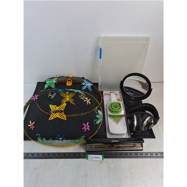 Dish Covers, NIB Slicer, Headphones, Mirror, Hole-Punch, Tote