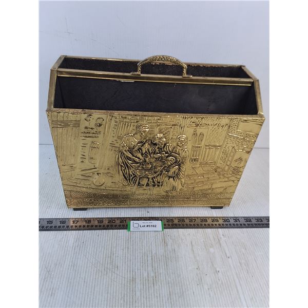Vintage Textured Brass Covered Magazine Holder - 15x12x6"