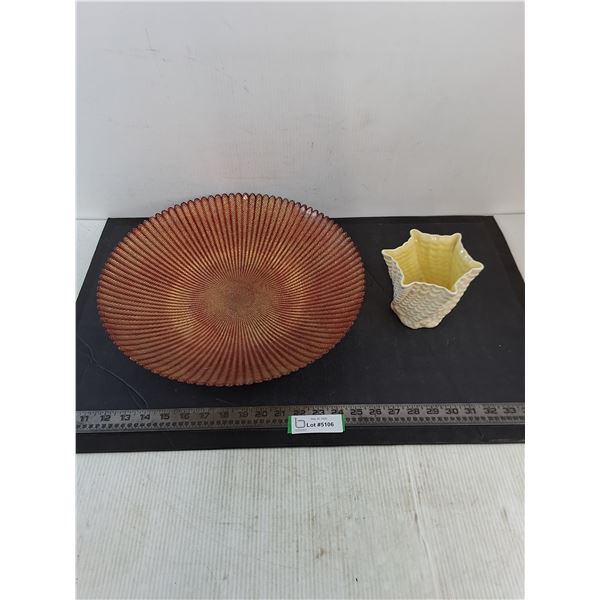 Ribbed Amber Glass Decorative Bowl, Belleek China Vase from England