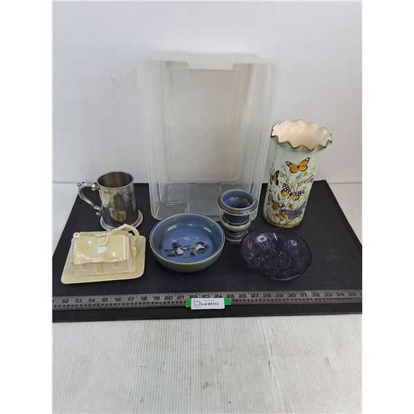 Assorted Mostly Irish Vintage Dishes & Vases, Plastic Tote