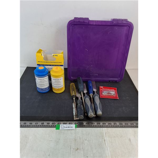 (6) Chisels, Sealed Liquid Plastic Compound, Plastic Tote