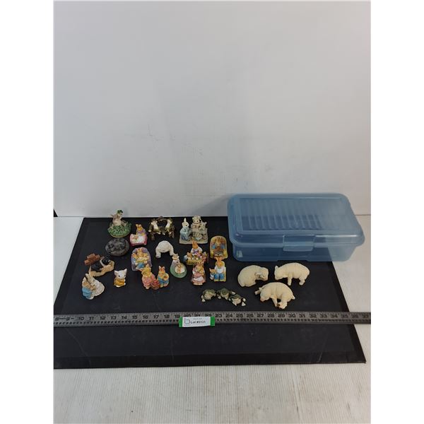 Assorted Ceramic & Resin Animal Ornaments, Plastic Tote