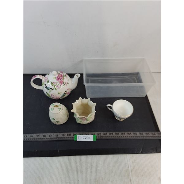 Porcelain Teapot, Teacup, Belleek China Dishes - 1 Cracked, Plastic Tote
