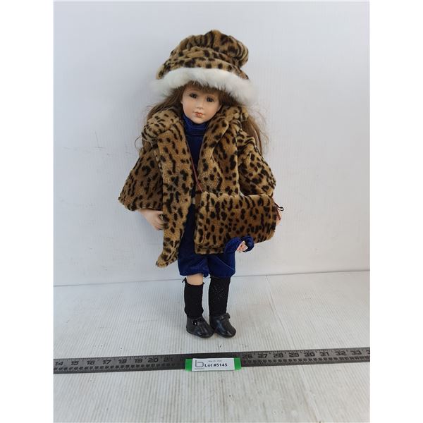 19" Porcelain Doll w/Leopard Print Hat, Coat & Bag