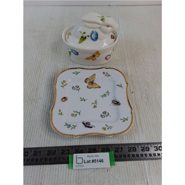 Godinger "Butterfly" Plate, Rabbit Covered "Butterfly" Trinket Dish