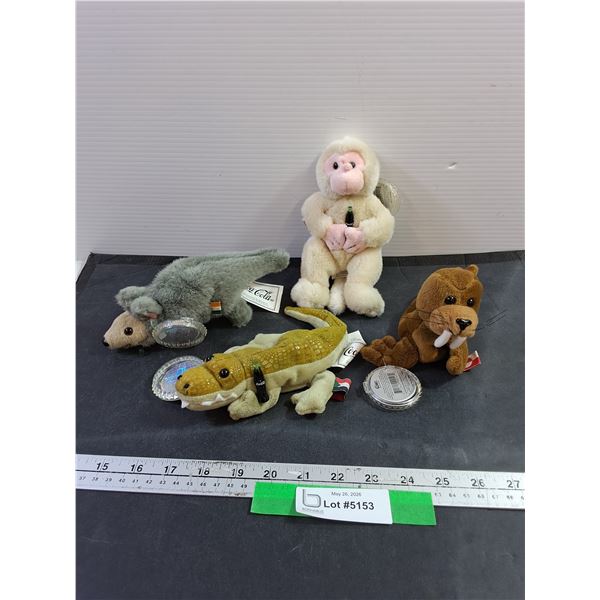 (4) Coca-Cola International Stuffed Animal Collection Aligator, Armidillo, Monkey, Seal
