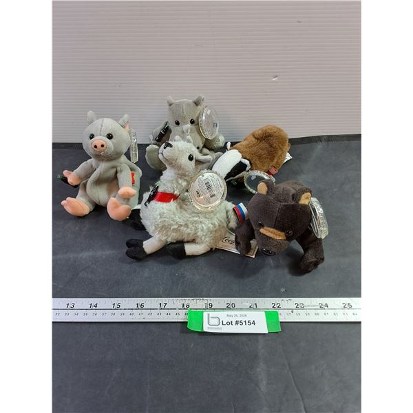 (5) Coca-Cola International Collection Stuffed Animals, Llama, Bear, Badger, Pig, Rhino (Small Stain