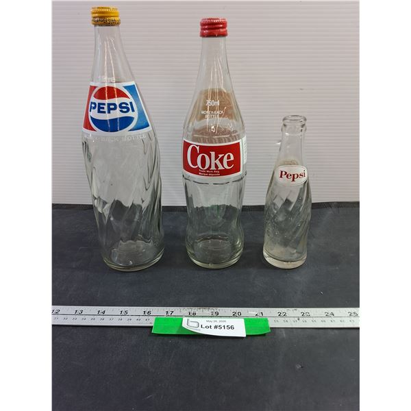 Glass Cola Bottles, 1 Litre Pepsi, 750ml Coke, 1960-1970 Swirl Pepsi