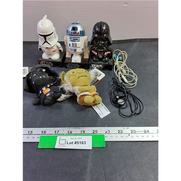 Star Wars Collectibles (3) Plastic, (2) Stuffed, (2) Headphones