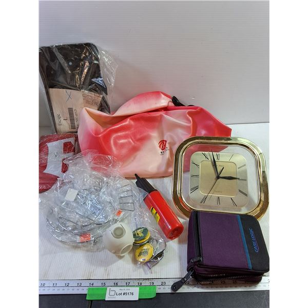 Misc Items. Exercise Ball & Pump, Clock, Rivets, Badges. Untested