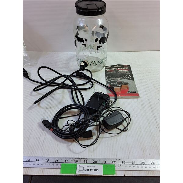 Misc Household Items. Water Jug Glass. Various Power Cords, Ultrasonic Animal Alert