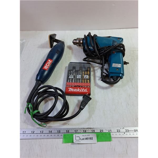 Tools. Ryobi Detail Sander, Makita DrillBit set, Makita Drill