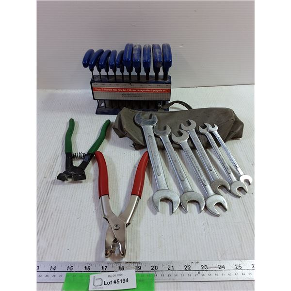 Tools. 10 piece Hex Key Set w/ Stand, 6 piece Wrench Set w/ bag, Snips, Punch