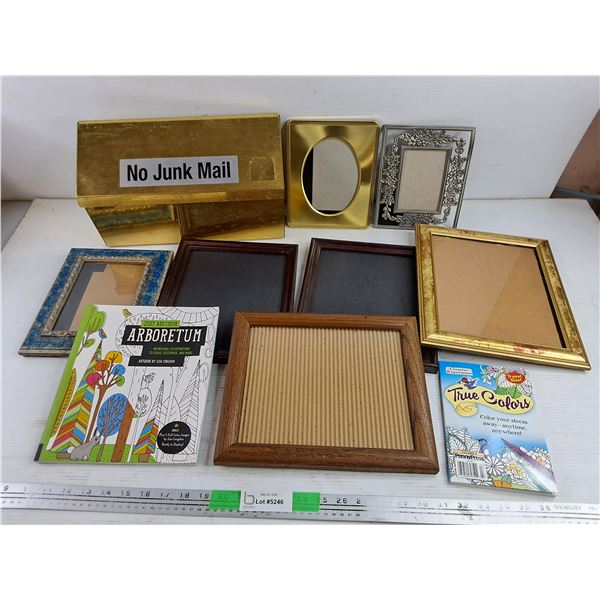 Assorted Picture Frames , Coloring Books & Brass Toned Mail Box