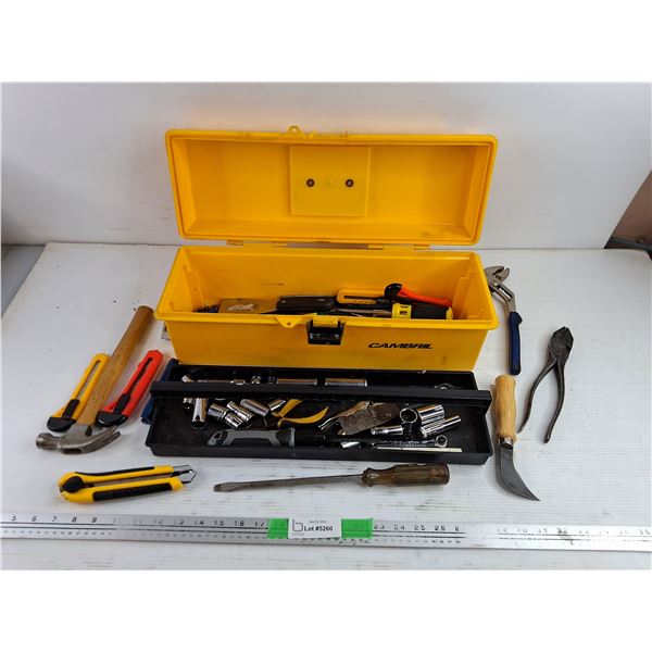 Cambril Plastic Tool Box, Sockets, Utility Knifes, Hammer, Pliers, Wire Brush, Misc