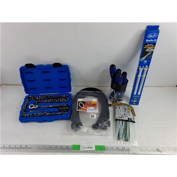 Ratchet Wrench & Socket Set, Self Locking Zip Ties, Screwdrivers & Tire Bead Breaker Levers