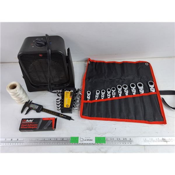 Combo Ratchet Wrenches, Heater Fan - Powers On, As Is, Digital Caliper, Steel Adhesive Wheel Weights