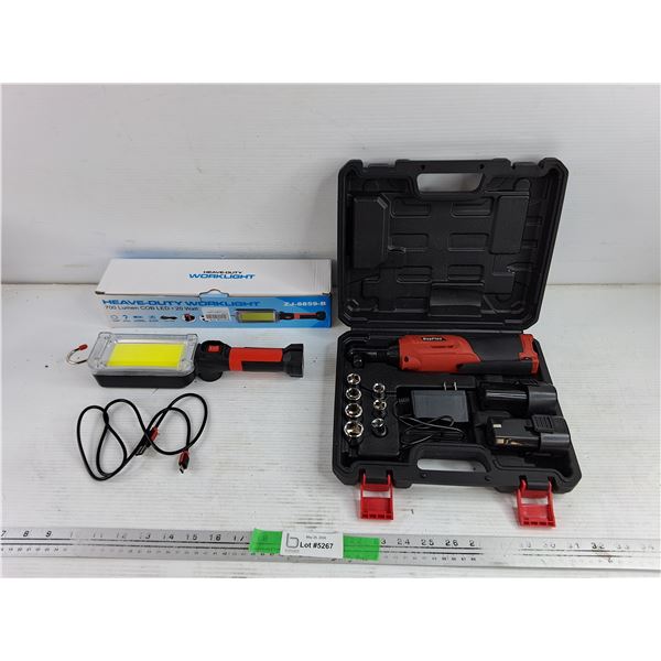 Heavy Duty LED Worklight & Day Plus Cordless Ratchet Wrench - Powers On, As Is