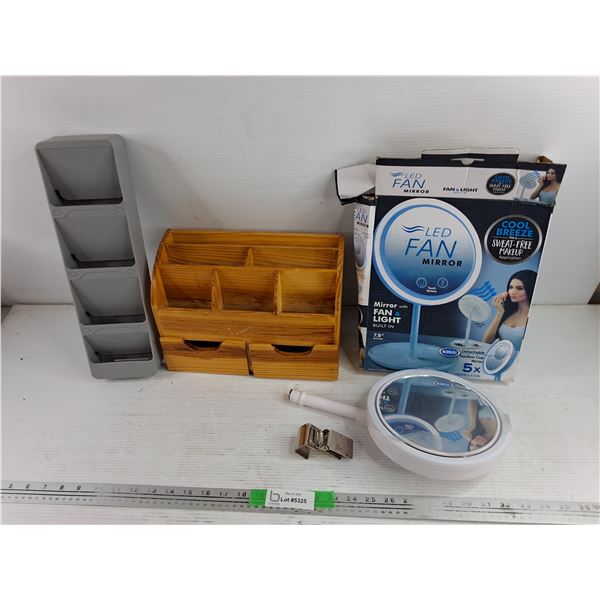 Plastic Cutlery Organizer, Wooden Kitchen Organizer & LED Fan Mirror - As Is