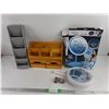 Image 1 : Plastic Cutlery Organizer, Wooden Kitchen Organizer & LED Fan Mirror - As Is