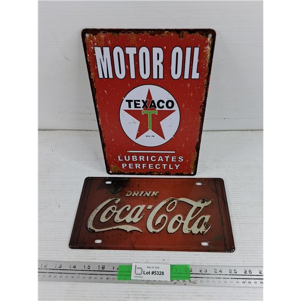 Coca Cola License Plate & Texaco Motor Oil Wall Sign