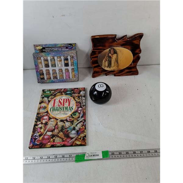 Vials of Semi-Precious Stones, Wooden Indigenous Style Artwork 10" x 8", Magic 8 Ball & I Spy Christ