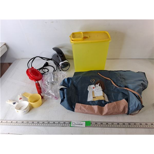 Betty Crocker Electric Mixer- Powers On, Coffee Apron, Tupperware Container 9.5", Misc.