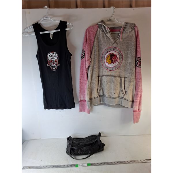 Women's Sturgis Tank Top & Chicago Blackhawks Hoodie- both Approx. XL & Leather Style Purse- Require