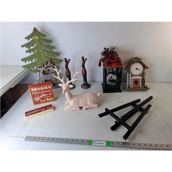 Mostly Christmas Lot- Reindeer Figurines, Artificial Candle Lantern 12", Fire House Clock, Misc. Pic
