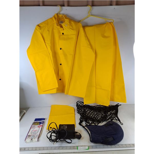 Raincoat + Hood & Overalls, Trunk Net, Hard Hat Liner, Plastic Clamps, Power Adapter