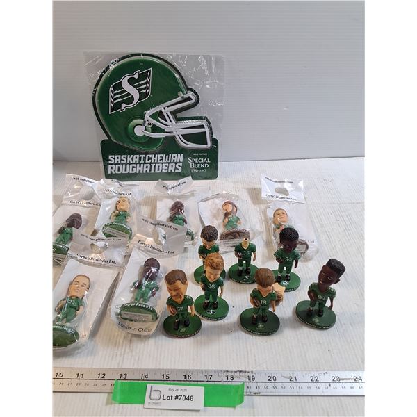 Saskatchewan Roughriders Metal Sign, Corby's Distilleries Ltd Bobble-head Players
