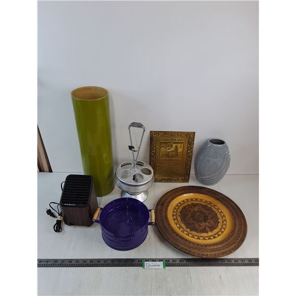 Vases, Brass "Mother" Plaque, Wooden Platter, GE Fan - Tested, Spice Turnstile, Tin